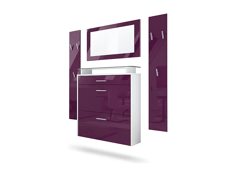 Vladon Mueble recibidor Malea, Mueble de entrada compuesto por 1 Zapatero colgante, 1 Espejo de pared y 2 Percheros, Blanco mate/Zarzamora de alto brillo