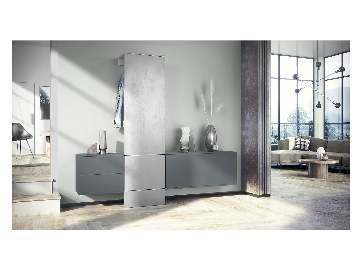 Armario de pared Carlton Set 1, Cuerpo en antracita mate / Panel en hormigón oxidado (208 x 193 x 35 cm)