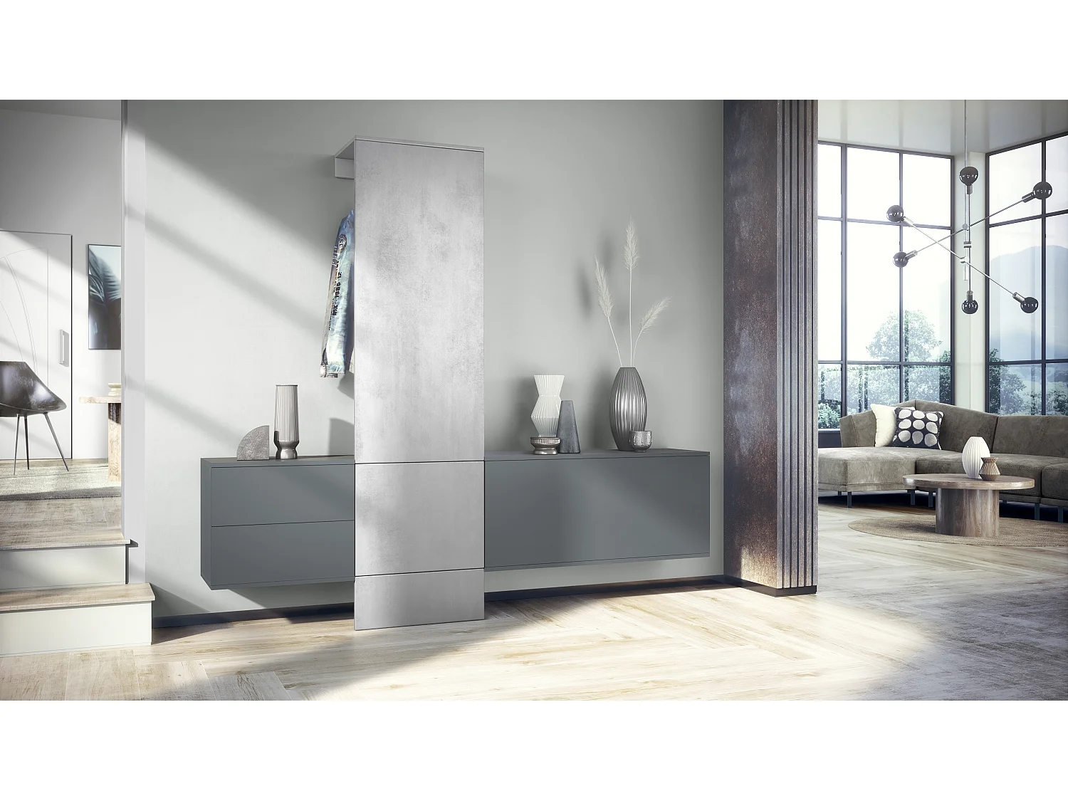 Vestiaire Garderobe Carlton Set 1, Corps en anthracite mat / Panneau portemanteau en aspect béton oxyde (208 x 193 x 35 cm)