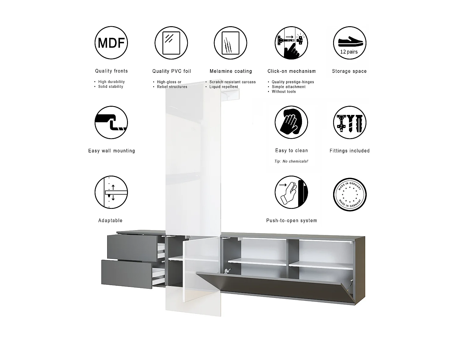 Vestiaire Garderobe Carlton Set 1, Corps en anthracite mat / Panneau portemanteau en aspect béton oxyde (208 x 193 x 35 cm)