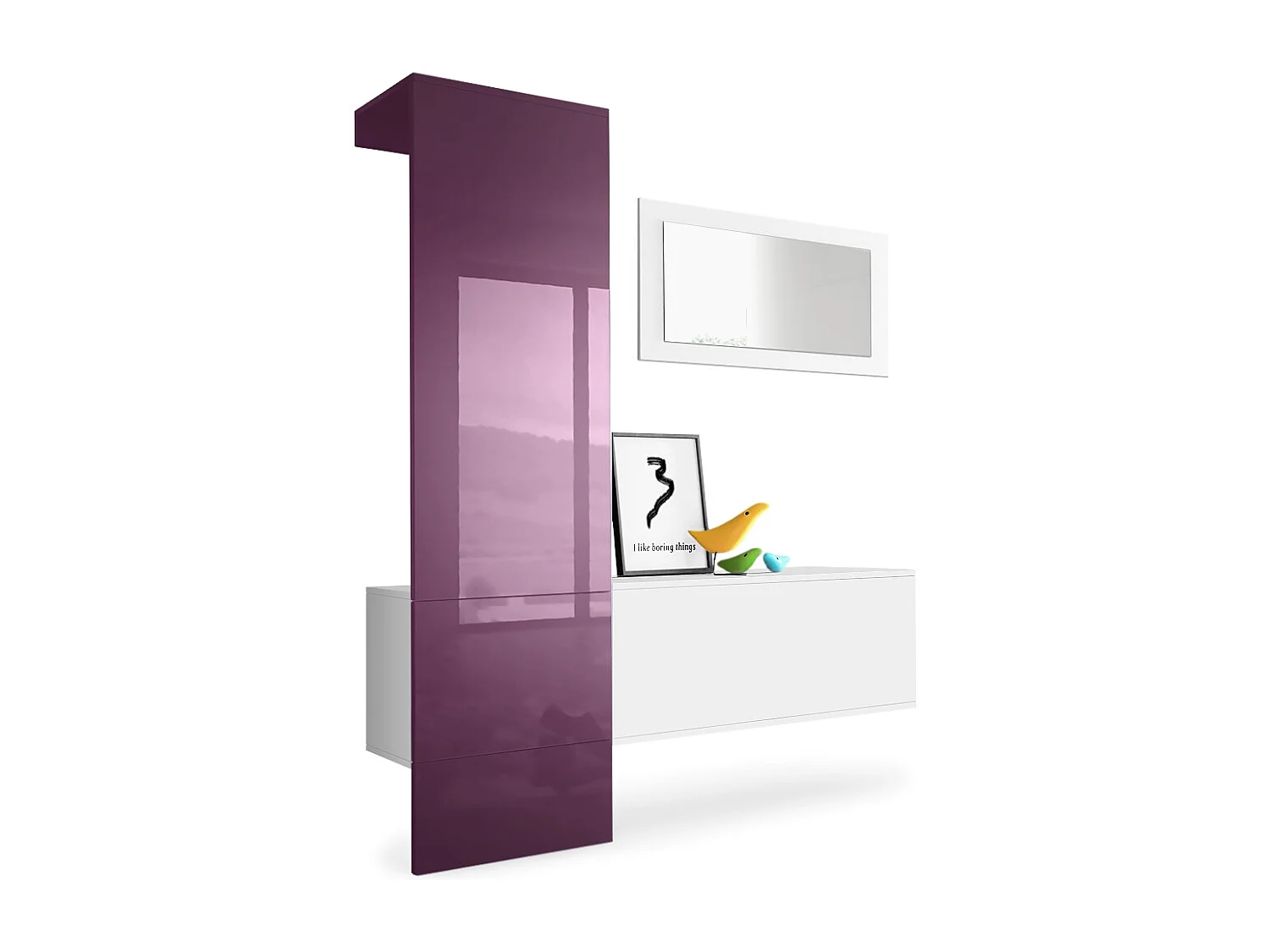 Penderie Carlton Set 4, Meuble d’entrée comprenant 1 panneau porte-manteaux, 1 module de commode et 1 miroir mural, Blanc mat/mûre brillant (156x193x35 cm)