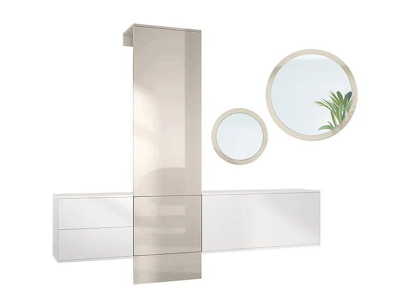 Ensemble de garde-robe  DualVista, composé de 1 panneau de porte-manteau, 1 armoire à tiroirs, 1 module de rangement et 2 miroirs, blanc mat/gris sable brillant