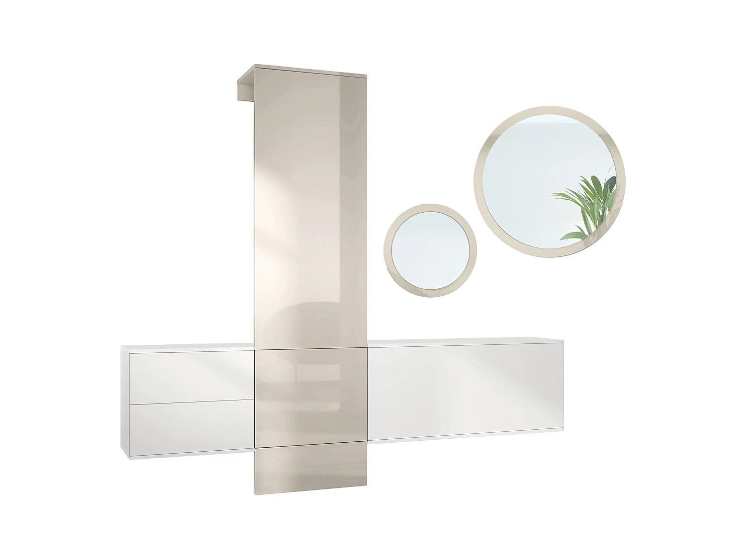 Ensemble de garde-robe  DualVista, composé de 1 panneau de porte-manteau, 1 armoire à tiroirs, 1 module de rangement et 2 miroirs, blanc mat/gris sable brillant