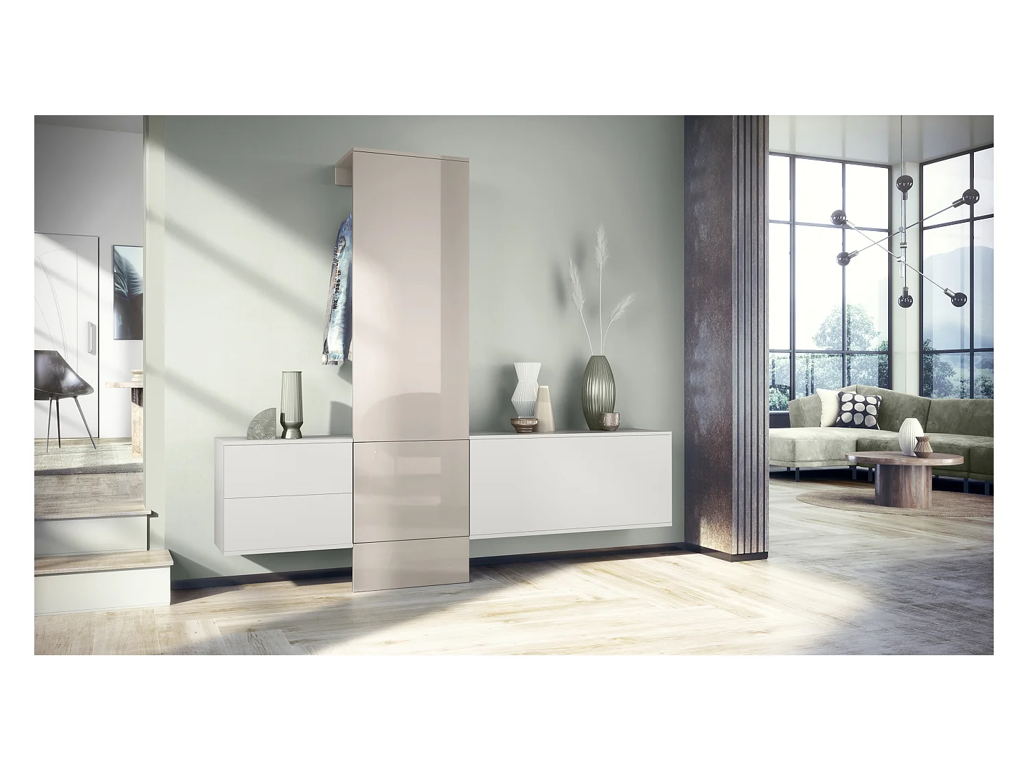 Ensemble de garde-robe  DualVista, composé de 1 panneau de porte-manteau, 1 armoire à tiroirs, 1 module de rangement et 2 miroirs, blanc mat/gris sable brillant