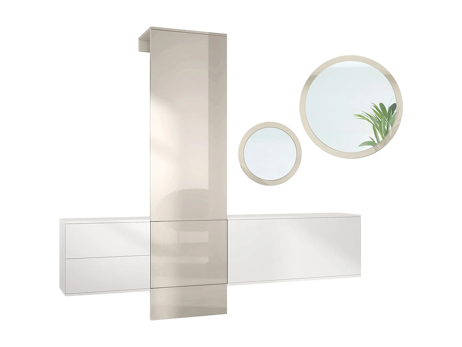 Ensemble de garde-robe  DualVista, composé de 1 panneau de porte-manteau, 1 armoire à tiroirs, 1 module de rangement et 2 miroirs, blanc mat/gris sable brillant