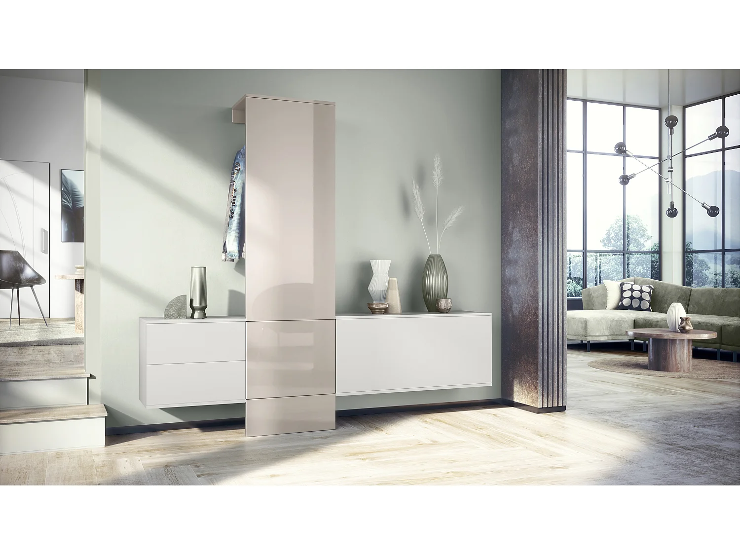 Ensemble de garde-robe  DualVista, composé de 1 panneau de porte-manteau, 1 armoire à tiroirs, 1 module de rangement et 2 miroirs, blanc mat/gris sable brillant