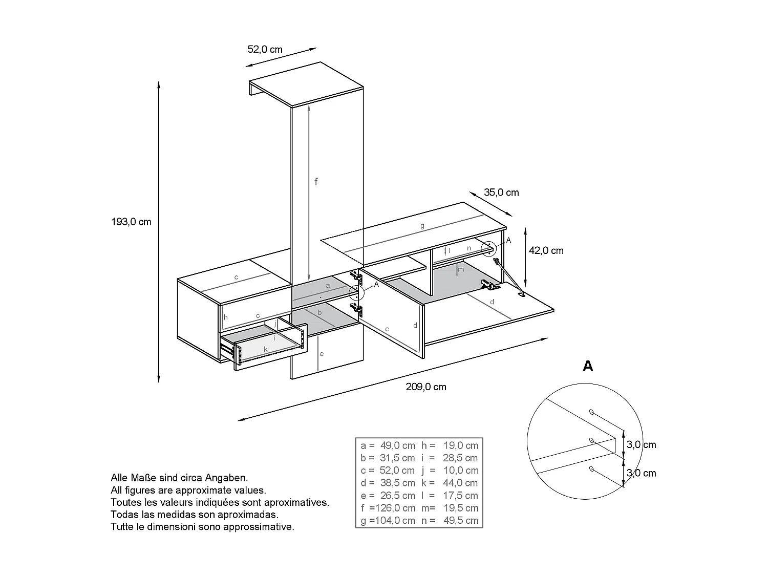 Ensemble de garde-robe  DualVista, composé de 1 panneau de porte-manteau, 1 armoire à tiroirs, 1 module de rangement et 2 miroirs, blanc mat/gris sable brillant