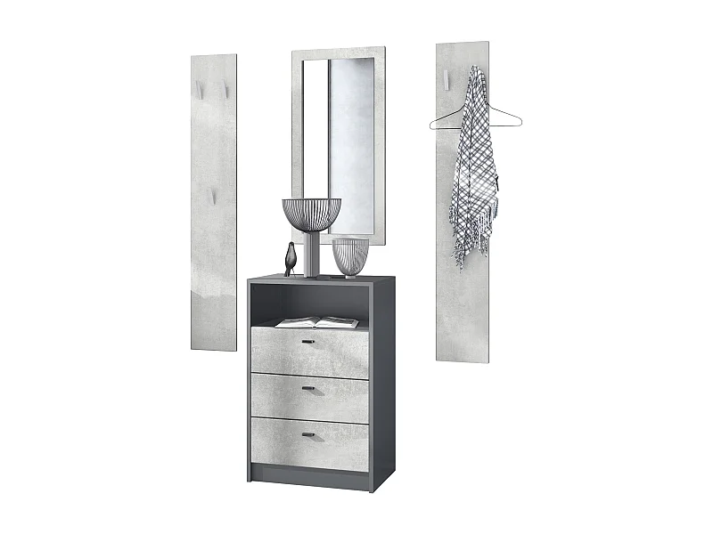Ensemble de vestiaires Pino V2, 2 Panneaux muraux 140 cm et buffet avec 2 tiroirs & 1 compartiment ouvert, anthracite mat/aspect béton oxyde (56x67,5x36 cm)