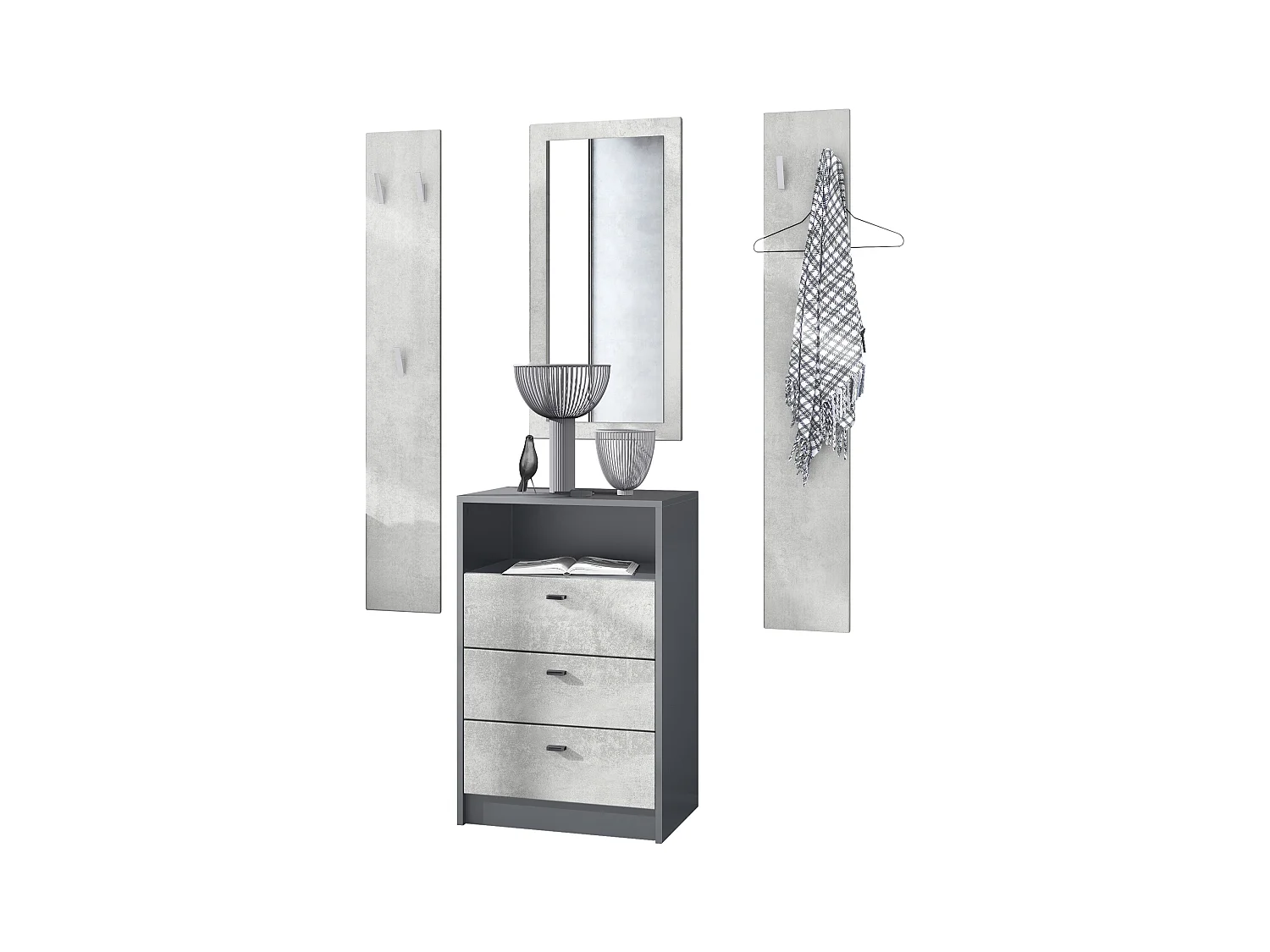 Ensemble de vestiaires Pino V2, 2 Panneaux muraux 140 cm et buffet avec 2 tiroirs & 1 compartiment ouvert, anthracite mat/aspect béton oxyde (56x67,5x36 cm)