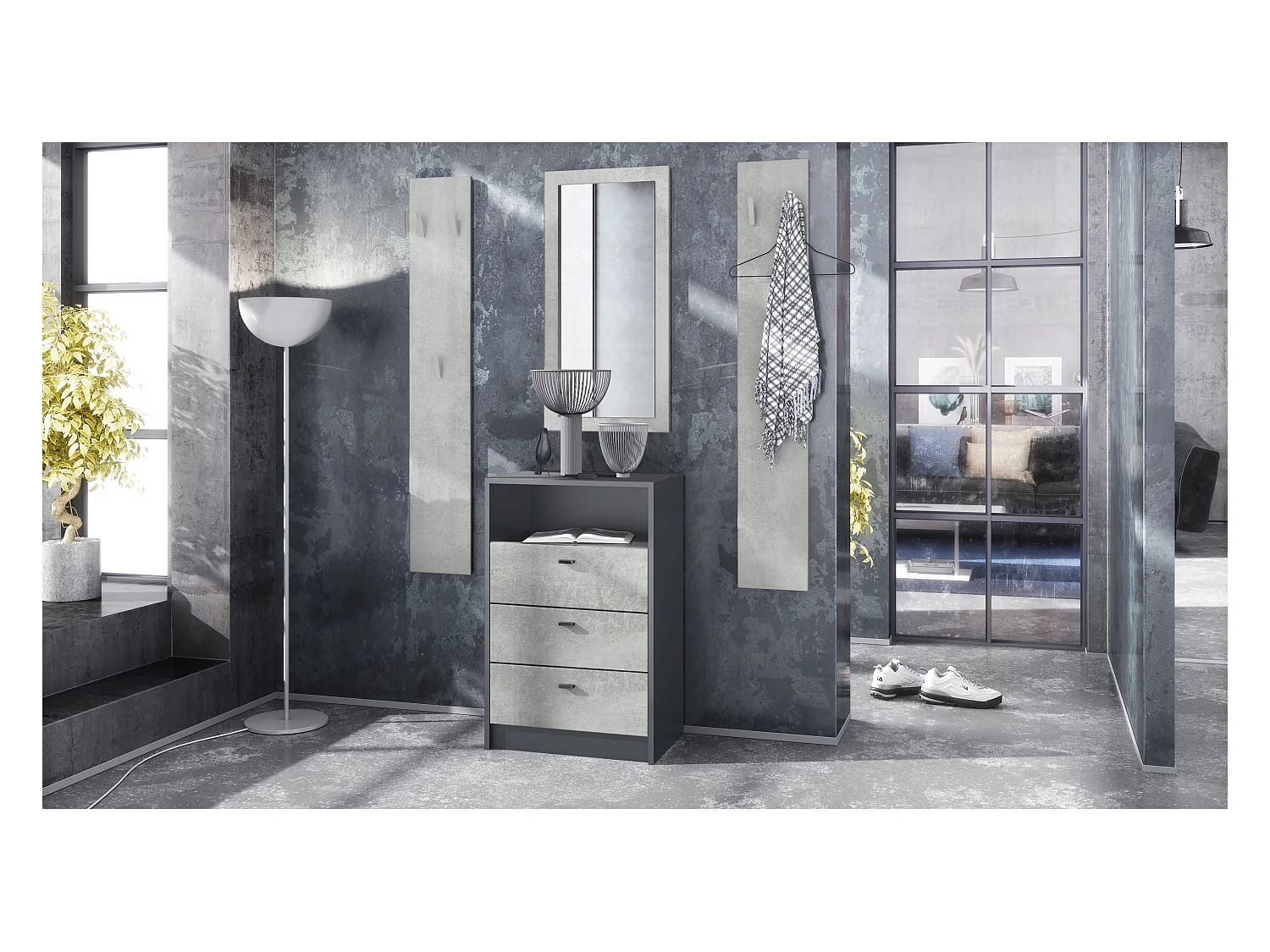 Ensemble de vestiaires Pino V2, 2 Panneaux muraux 140 cm et buffet avec 2 tiroirs & 1 compartiment ouvert, anthracite mat/aspect béton oxyde (56x67,5x36 cm)