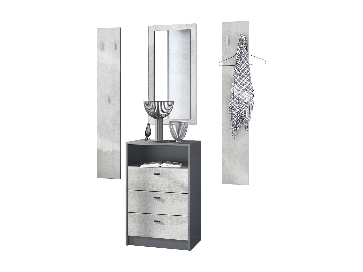Ensemble de vestiaires Pino V2, 2 Panneaux muraux 140 cm et buffet avec 2 tiroirs & 1 compartiment ouvert, anthracite mat/aspect béton oxyde (56x67,5x36 cm)
