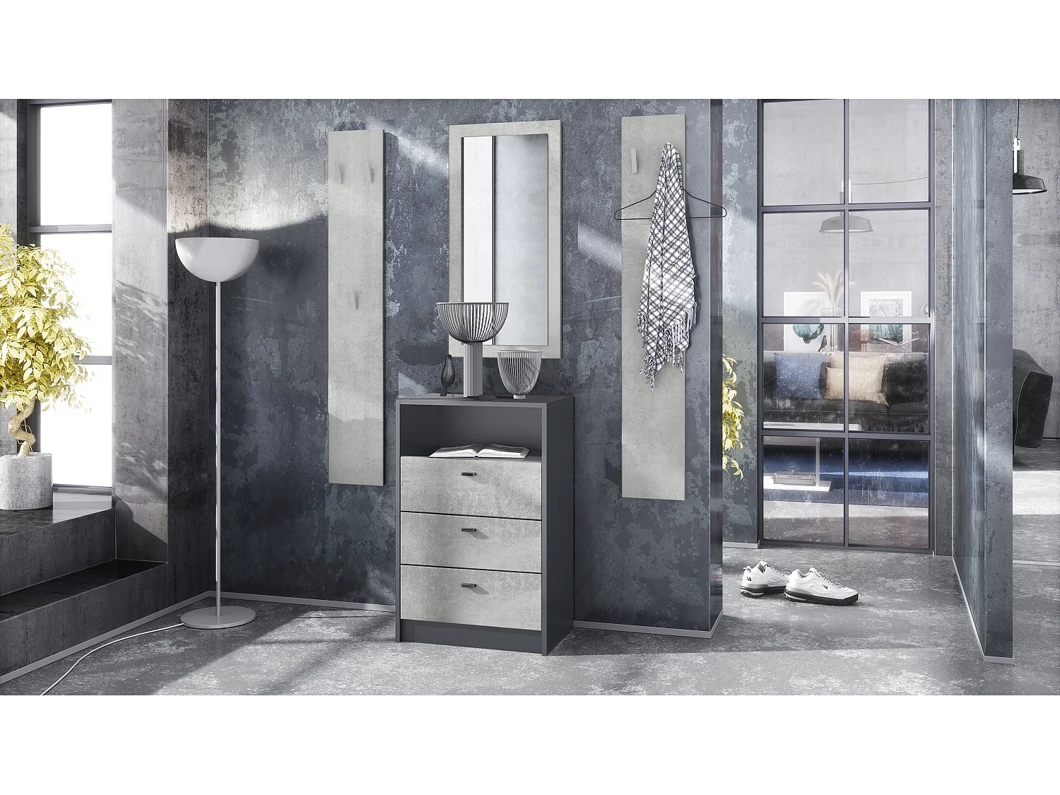 Ensemble de vestiaires Pino V2, 2 Panneaux muraux 140 cm et buffet avec 2 tiroirs & 1 compartiment ouvert, anthracite mat/aspect béton oxyde (56x67,5x36 cm)