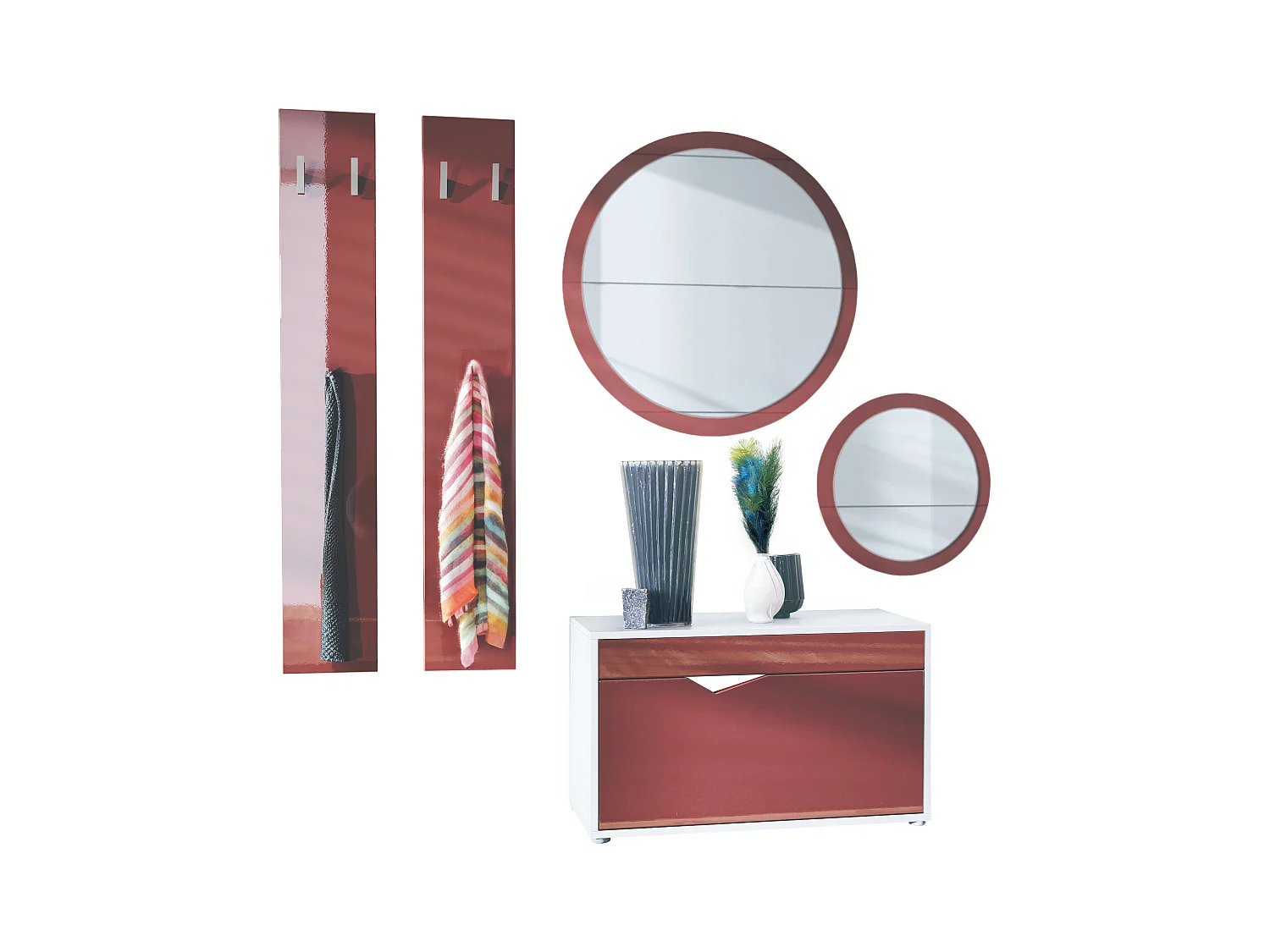 Ensemble de Dressing Espoo, Meuble d'Entrée avec Banc à Chaussures, 2 Panneaux Muraux et 2 Miroirs Muraux Ronds, blanc mat/bordeaux haute brillance