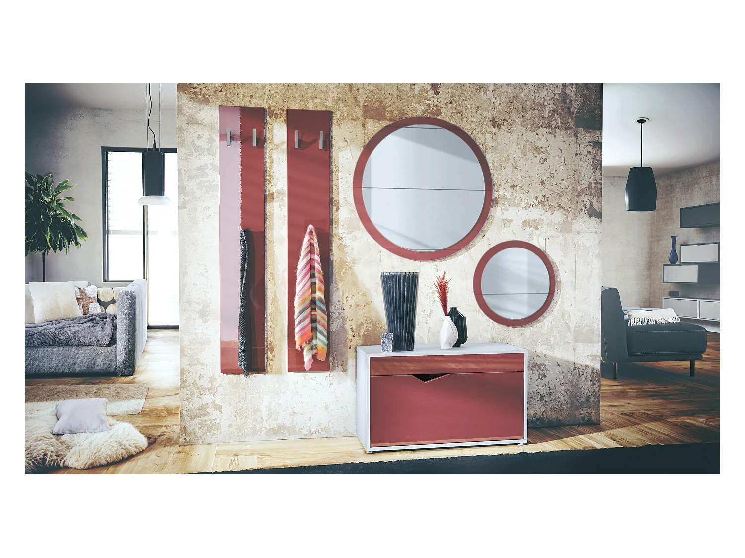 Ensemble de Dressing Espoo, Meuble d'Entrée avec Banc à Chaussures, 2 Panneaux Muraux et 2 Miroirs Muraux Ronds, blanc mat/bordeaux haute brillance