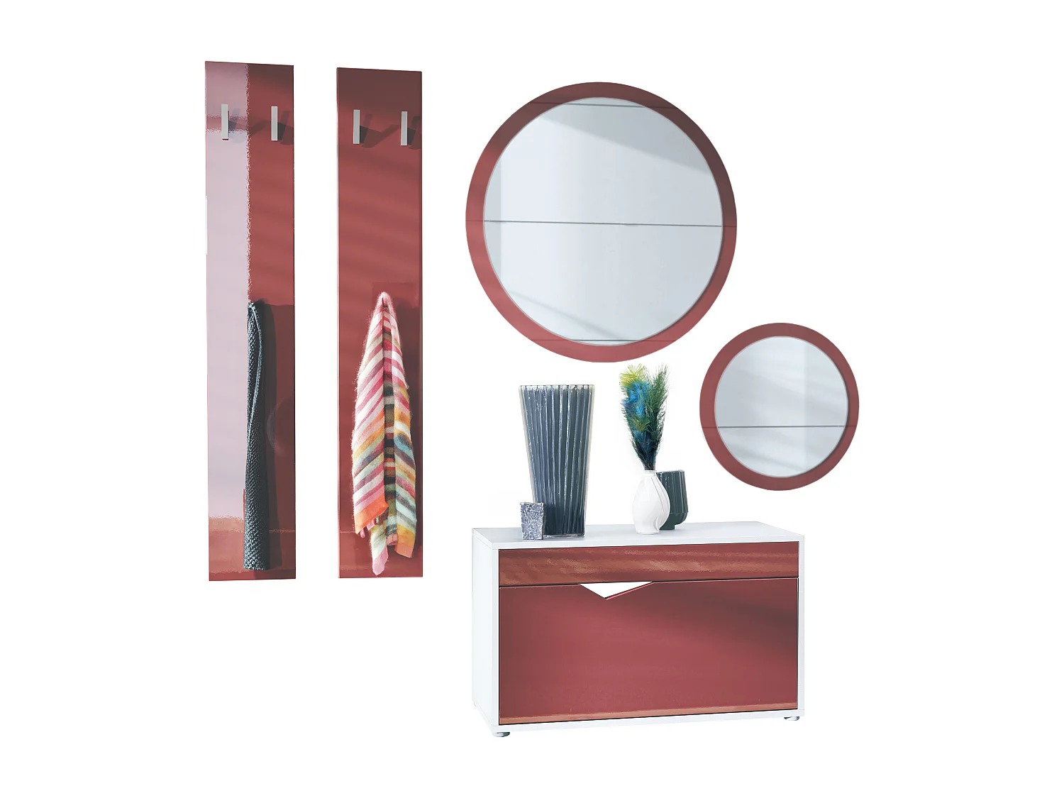 Ensemble de Dressing Espoo, Meuble d'Entrée avec Banc à Chaussures, 2 Panneaux Muraux et 2 Miroirs Muraux Ronds, blanc mat/bordeaux haute brillance