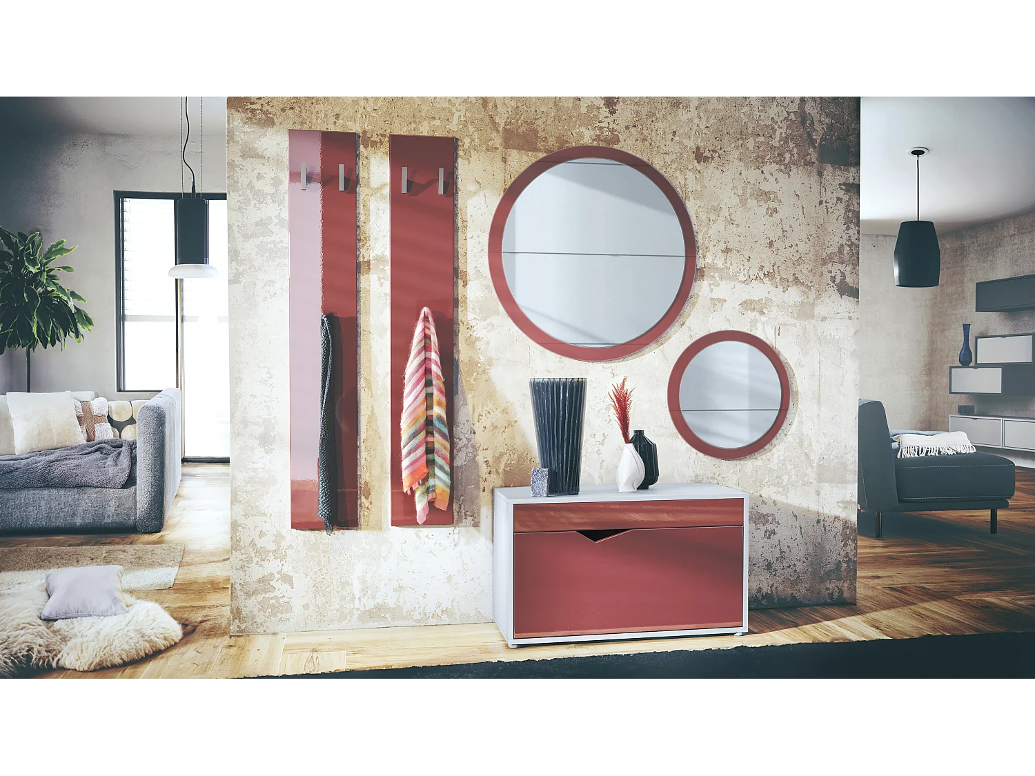 Ensemble de Dressing Espoo, Meuble d'Entrée avec Banc à Chaussures, 2 Panneaux Muraux et 2 Miroirs Muraux Ronds, blanc mat/bordeaux haute brillance