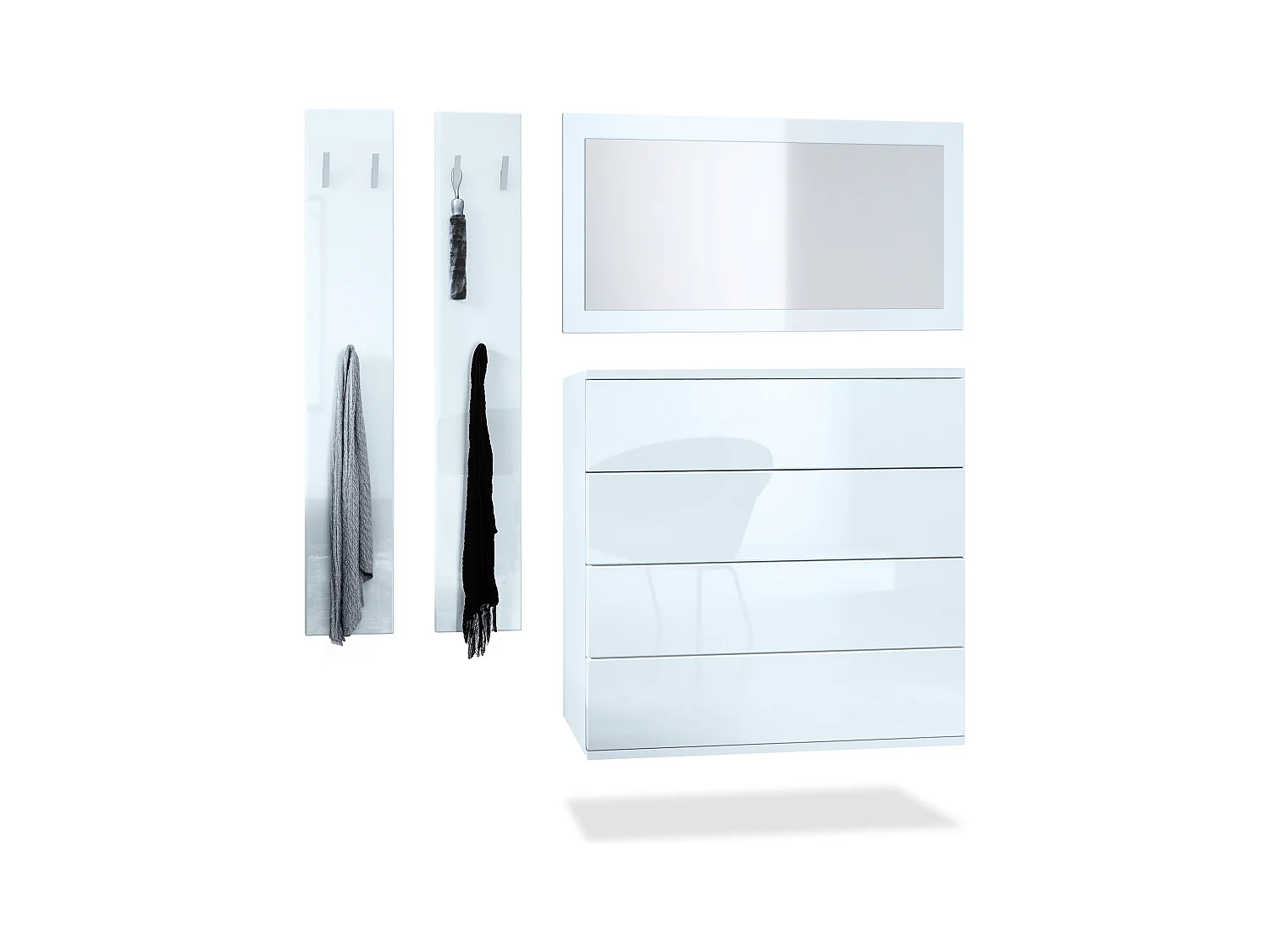 Ensemble de dressing  Hollywood, composé de 1 commode avec 4 tiroirs, 1 miroir et 1 ensemble de panneaux muraux, blanc mat/blanc haute brillance.