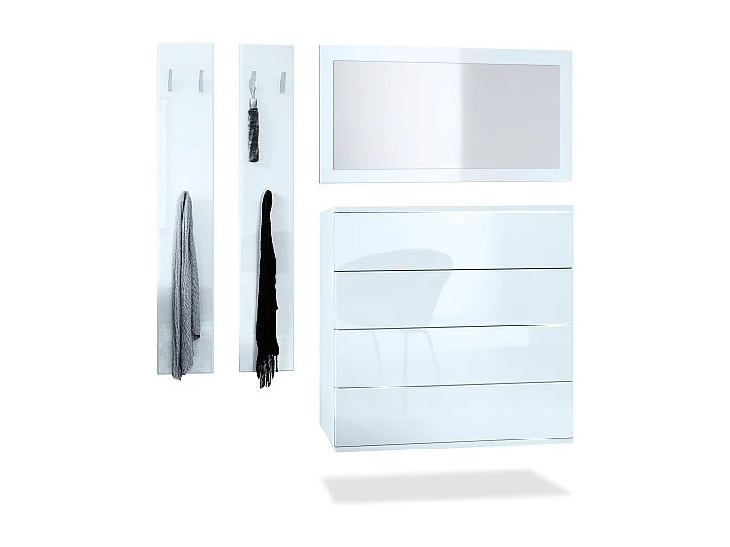 Set guardaroba Vladon Hollywood, composto da 1 comò con 4 cassetti, 1 specchio e 1 set di pannelli da parete, bianco opaco/bianco lucido.