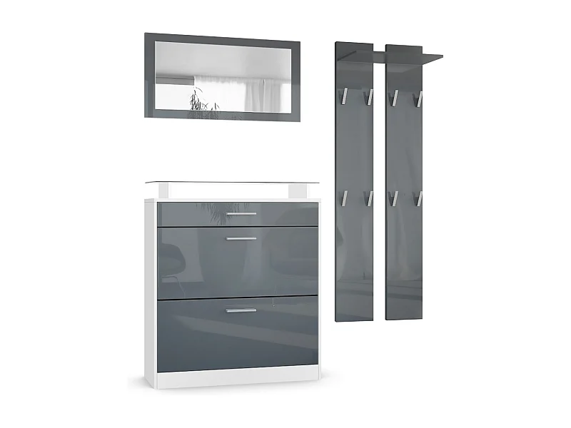 Penderie Loret Mini, Meuble d’entrée comprenant 1 commode à chaussures, 1 miroir mural et 2 panneaux porte-manteaux, Blanc mat/Gris haute brillance