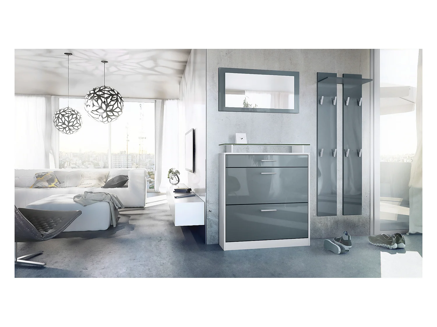 Penderie Loret Mini, Meuble d’entrée comprenant 1 commode à chaussures, 1 miroir mural et 2 panneaux porte-manteaux, Blanc mat/Gris haute brillance