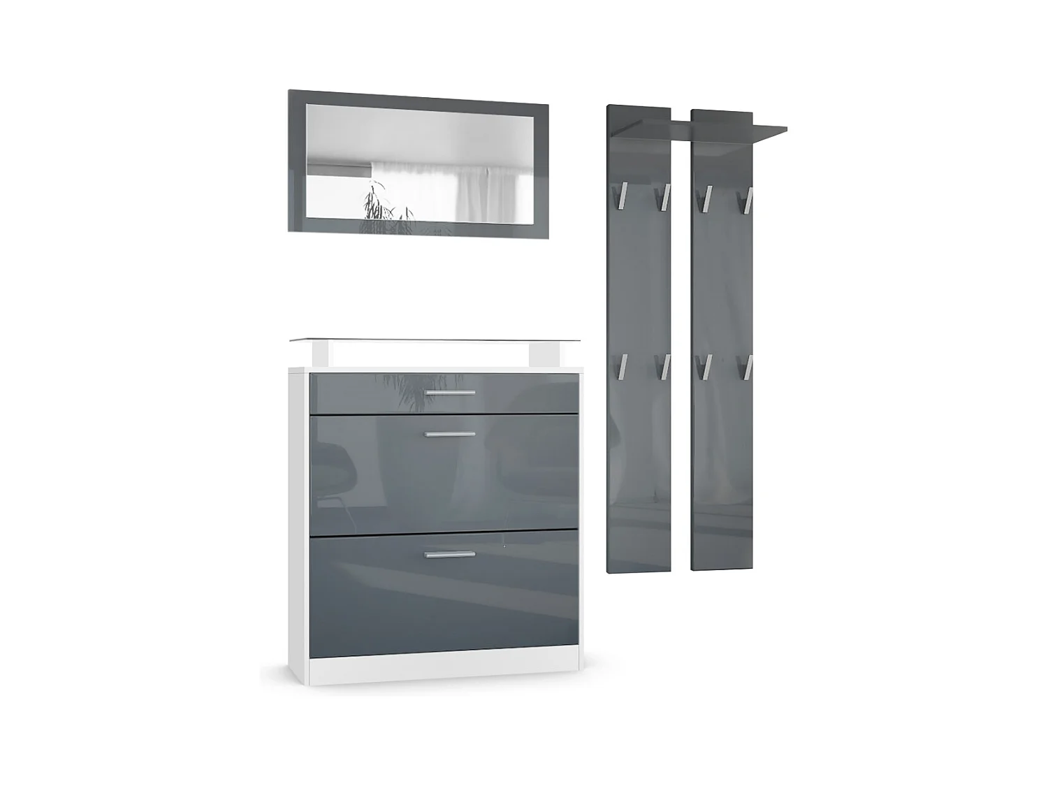 Penderie Loret Mini, Meuble d’entrée comprenant 1 commode à chaussures, 1 miroir mural et 2 panneaux porte-manteaux, Blanc mat/Gris haute brillance