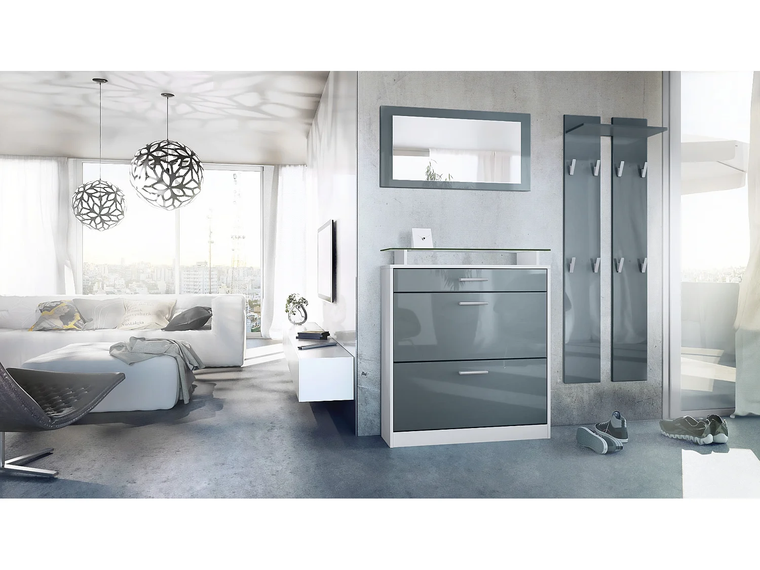 Loret Mini Set da corridoio, set da corridoio con 1 scarpiera, 1 specchio a parete e 2 pannelli appendiabiti, bianco opaco/grigio lucido