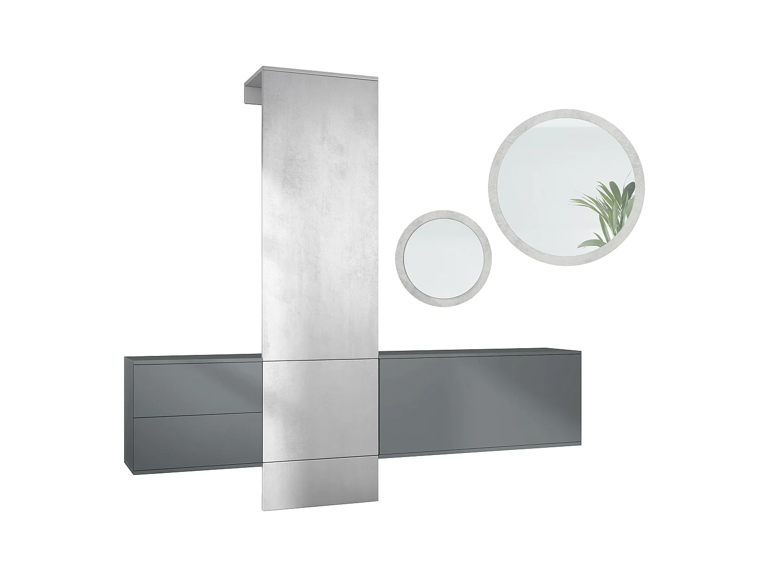 Ensemble de garde-robe  DualVista, composé de 1 panneau de porte-manteau, 1 armoire à tiroirs, 1 module de rangement et 2 miroirs, anthracite mat/aspect béton oxyde
