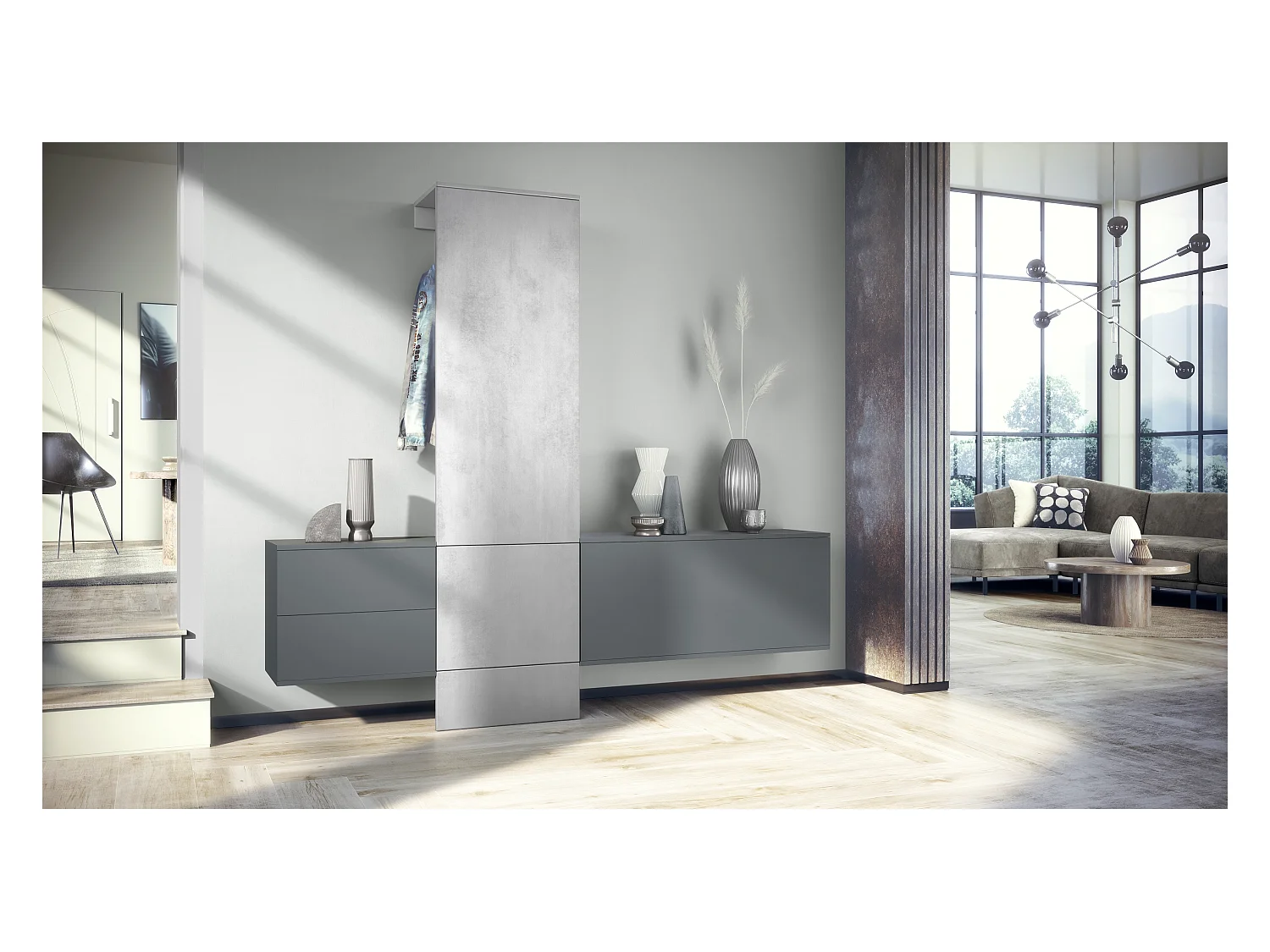 Ensemble de garde-robe  DualVista, composé de 1 panneau de porte-manteau, 1 armoire à tiroirs, 1 module de rangement et 2 miroirs, anthracite mat/aspect béton oxyde