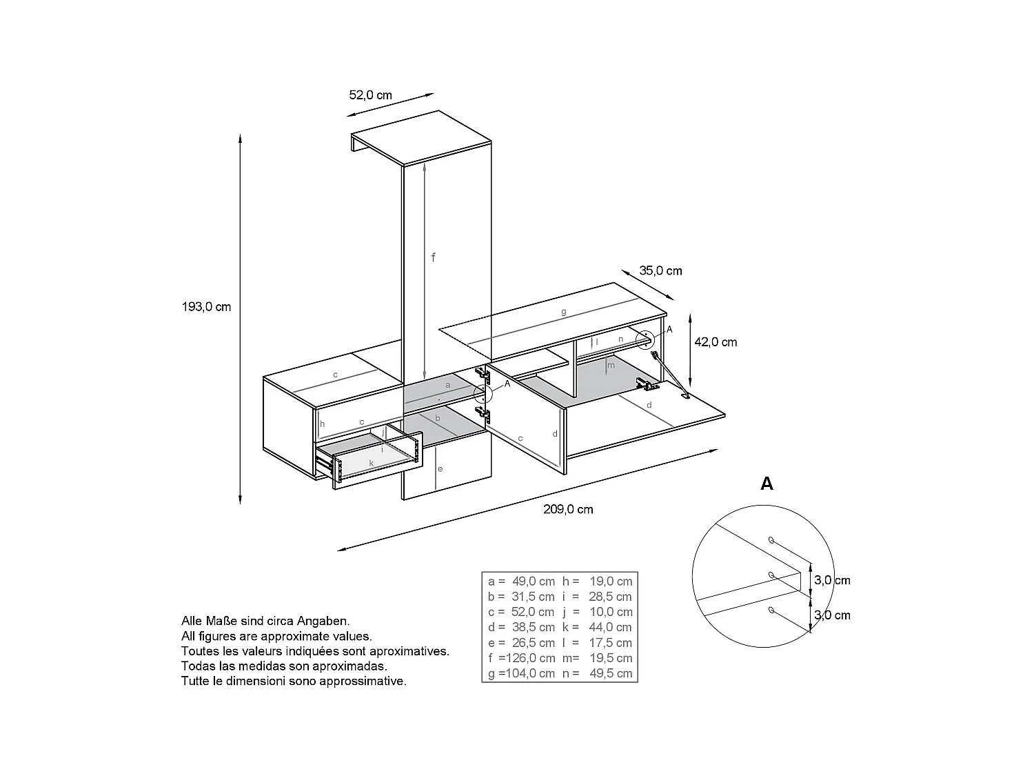 Ensemble de garde-robe  DualVista, composé de 1 panneau de porte-manteau, 1 armoire à tiroirs, 1 module de rangement et 2 miroirs, anthracite mat/aspect béton oxyde