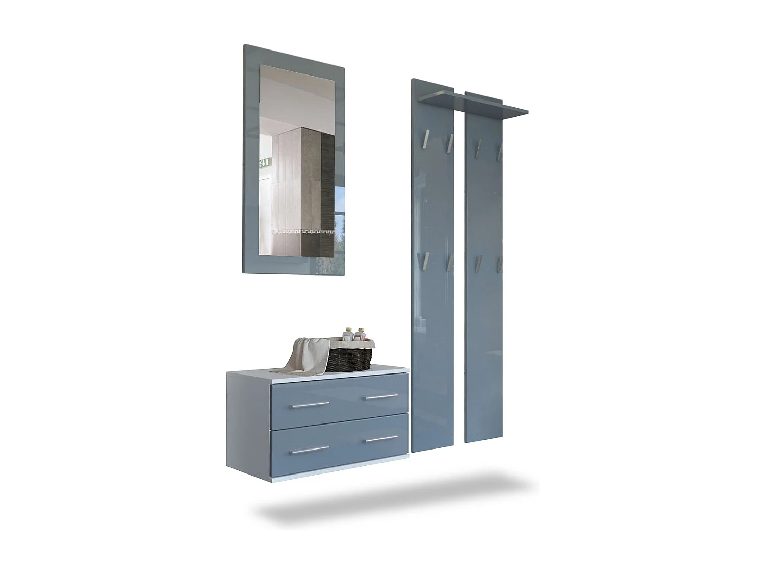 Conjunto de armario Kioto, Carcasa en blanco mate / Frente en gris alto brillo