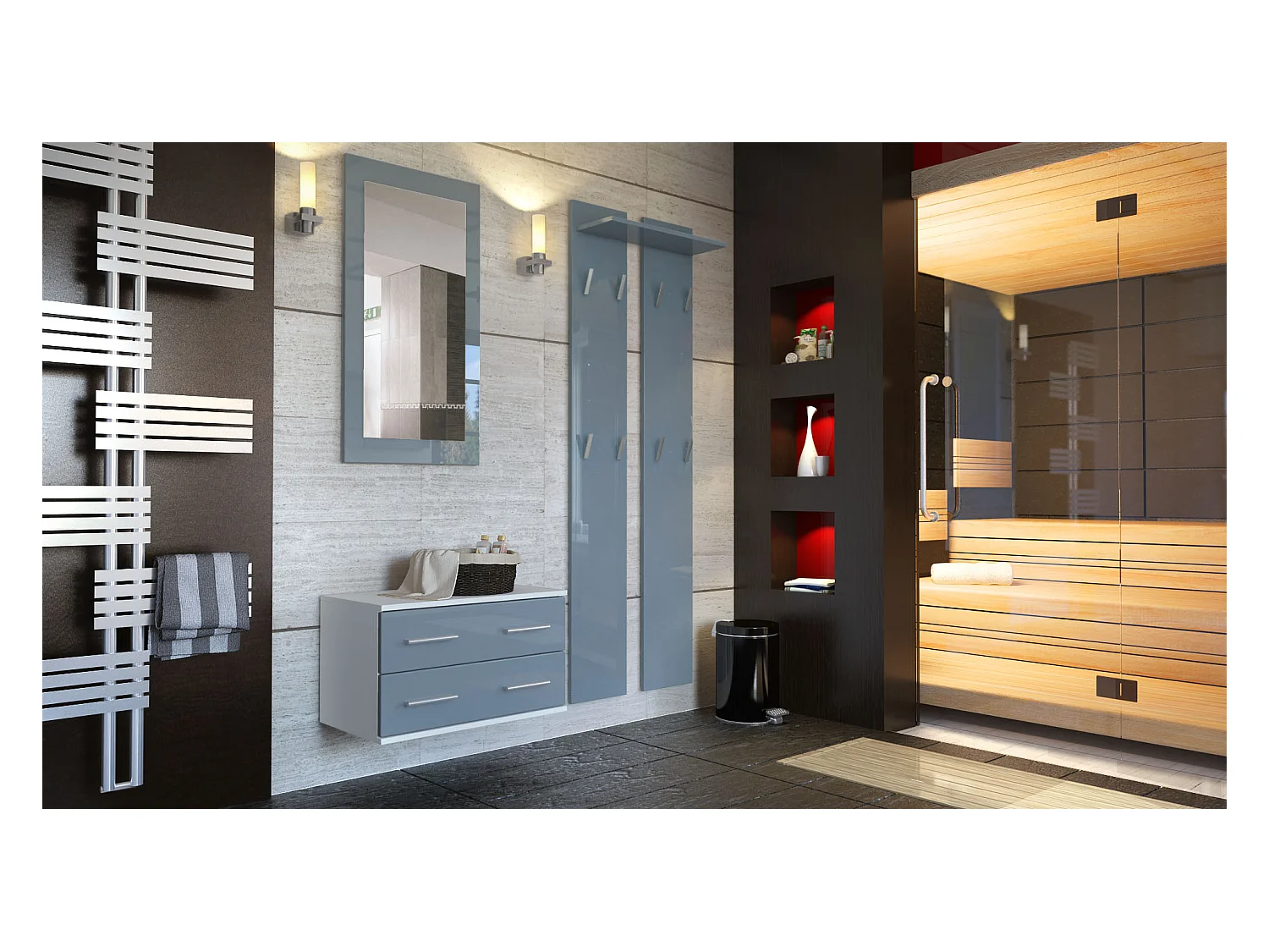 Conjunto de armario Kioto, Carcasa en blanco mate / Frente en gris alto brillo