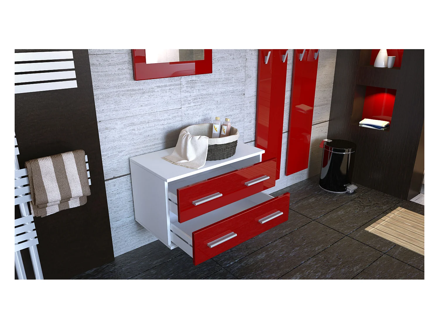 Conjunto de armario Kioto, Carcasa en blanco mate / Frente en gris alto brillo