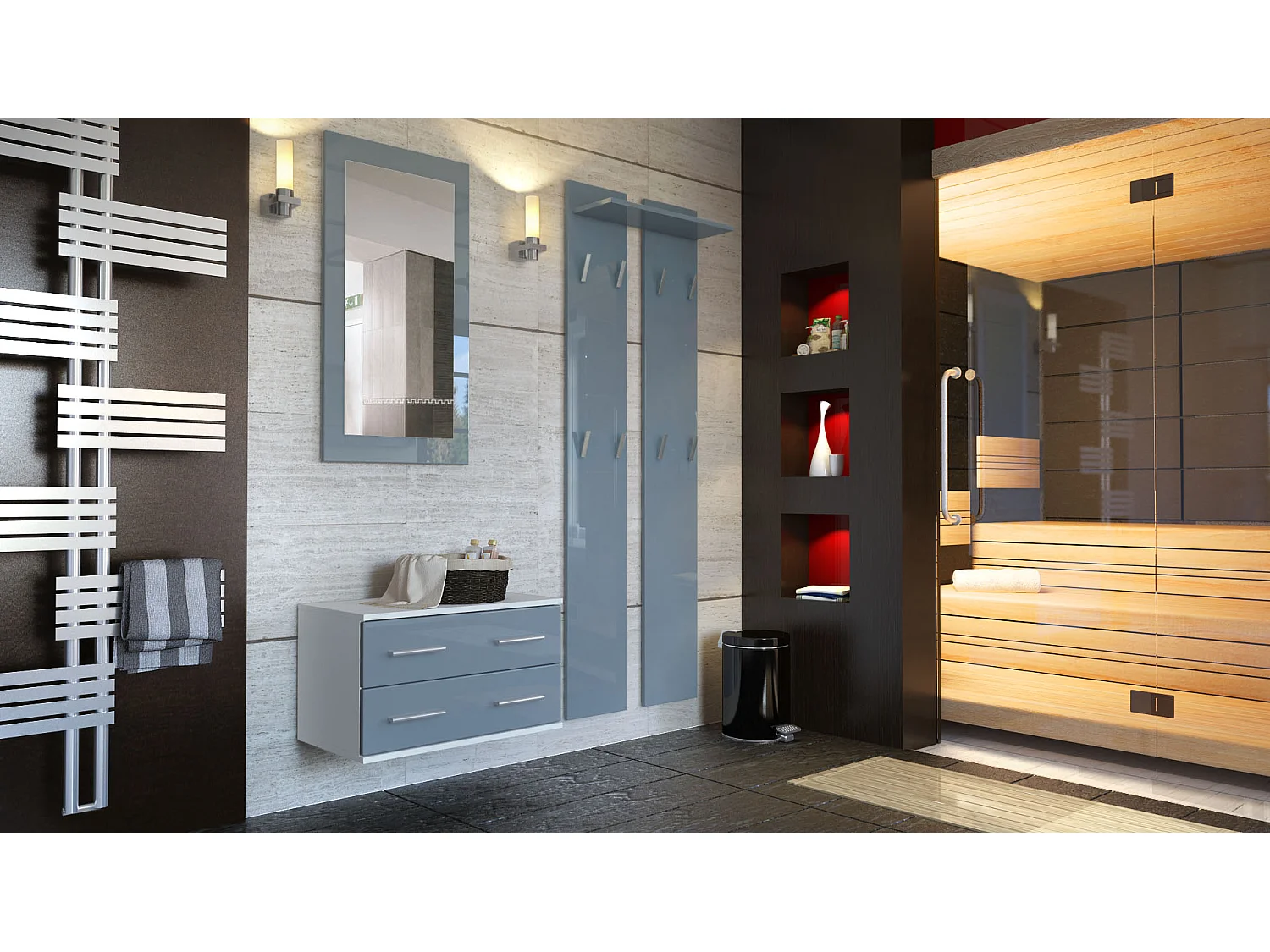 Ensemble de meubles d'entrée Kioto, Corps en Blanc mat / Façades en Grey haute brillance