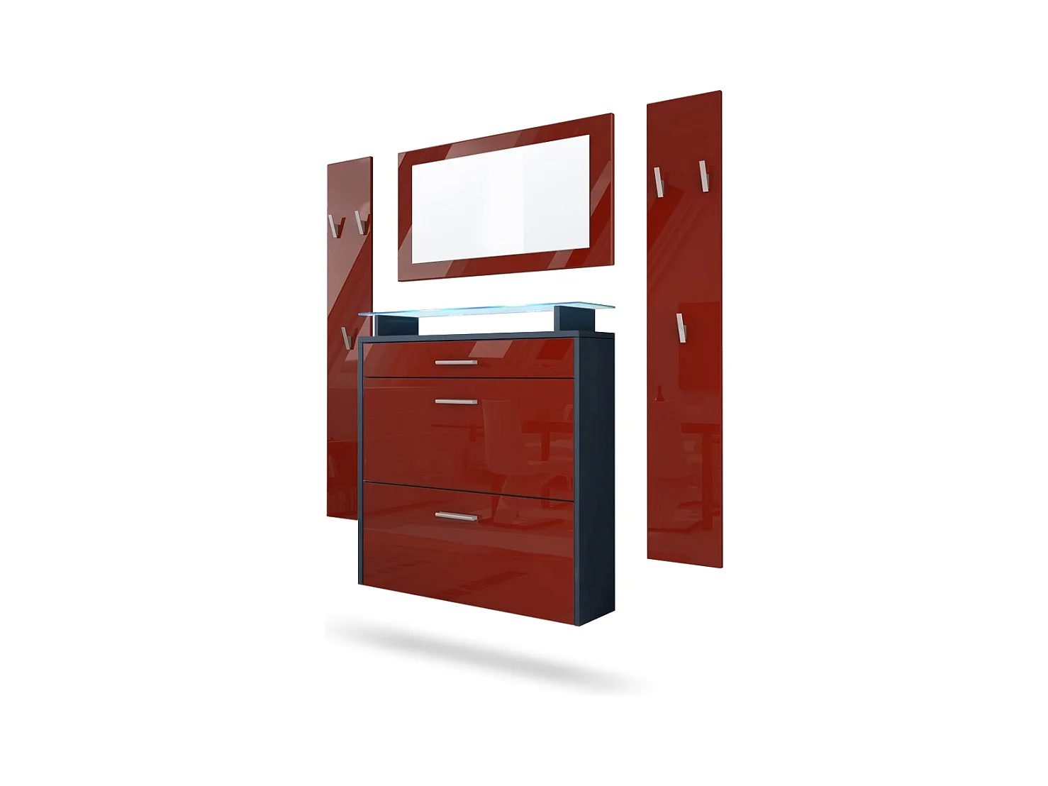 Penderie Malea, Meuble d’entrée comprenant 1 commode à chaussures, 1 miroir et 2 panneaux porte-manteaux, Anthracite mat/Bordeaux brillant, LED bleu inclus