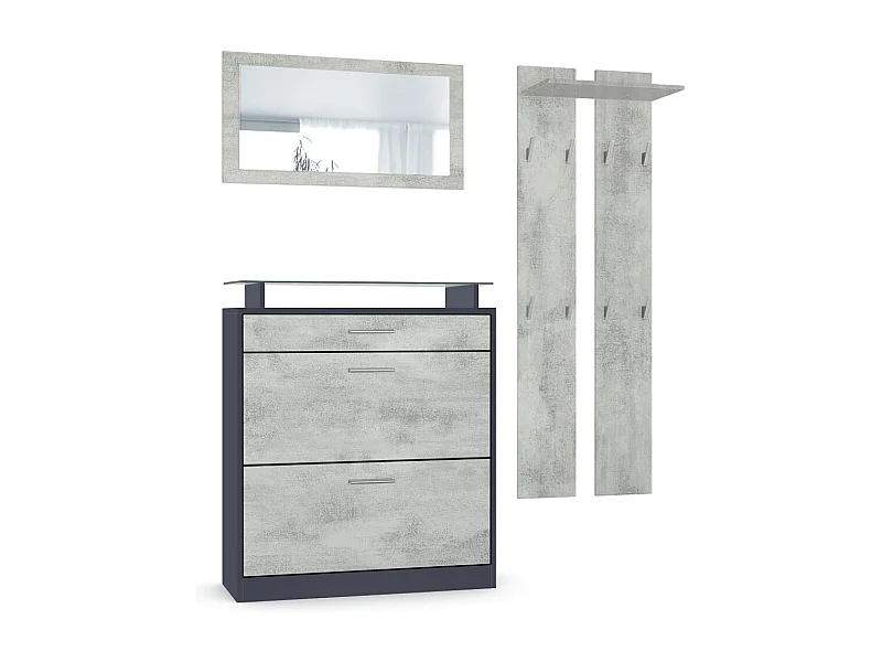 Vladon Conjunto de guardarropa Loret Mini, zapatero 89 x 101 x 23 cm, incluido espejo, 2 paneles de pared, antracita mate y Hormigón oxidado