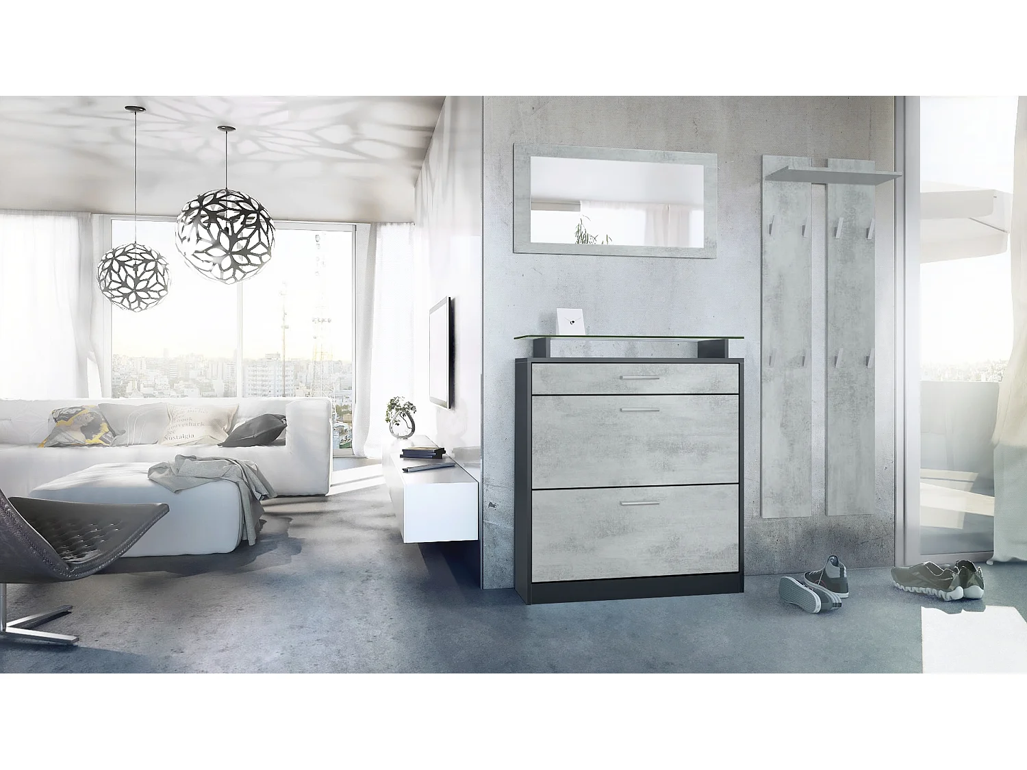 Loret Ensemble penderie, meuble à chaussures 89 x 104 x 23 cm avec miroir, 2 panneaux murales, Anthracite mat & Aspect Béton Oxyde