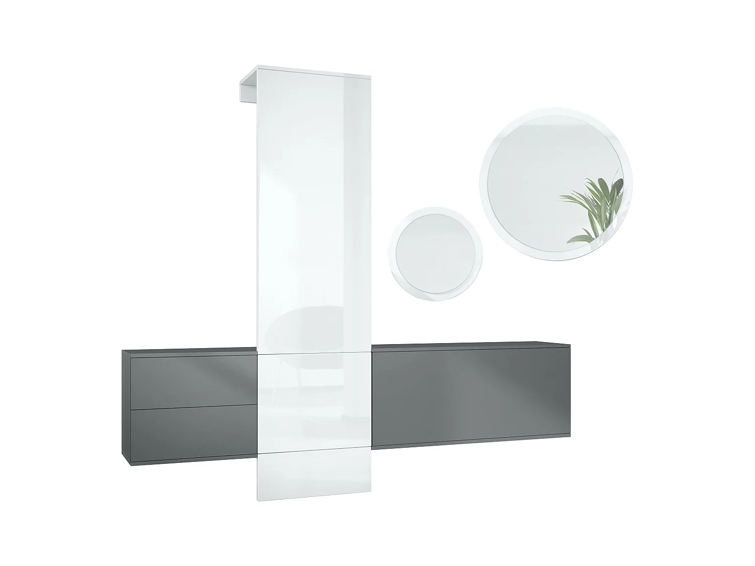 Ensemble de garde-robe  DualVista, composé de 1 panneau de porte-manteau, 1 armoire à tiroirs, 1 module de rangement et 2 miroirs, anthracite mat/Blanc brillant