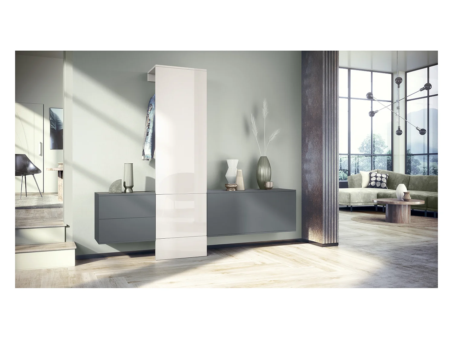 Ensemble de garde-robe  DualVista, composé de 1 panneau de porte-manteau, 1 armoire à tiroirs, 1 module de rangement et 2 miroirs, anthracite mat/Blanc brillant