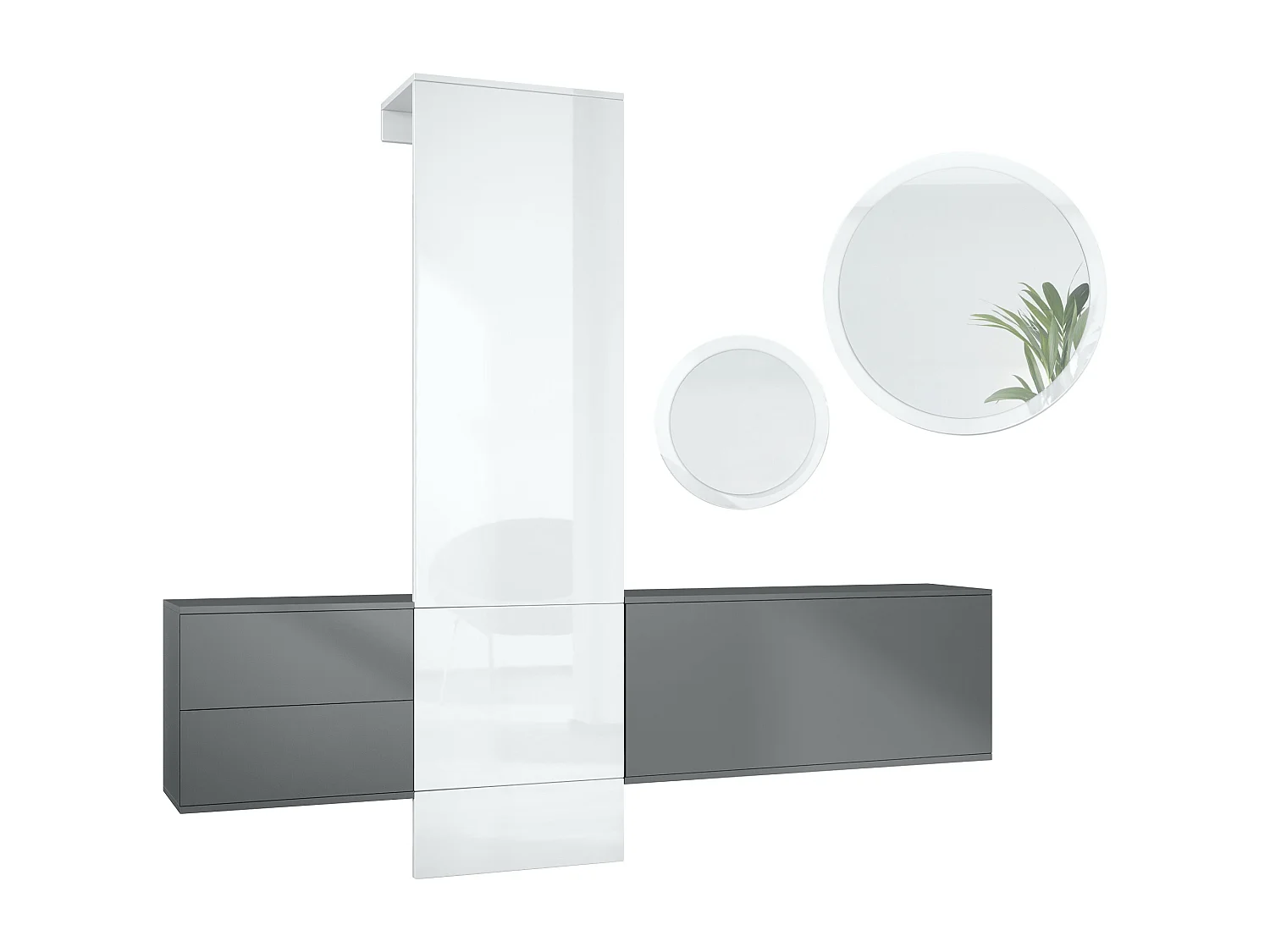 Ensemble de garde-robe  DualVista, composé de 1 panneau de porte-manteau, 1 armoire à tiroirs, 1 module de rangement et 2 miroirs, anthracite mat/Blanc brillant