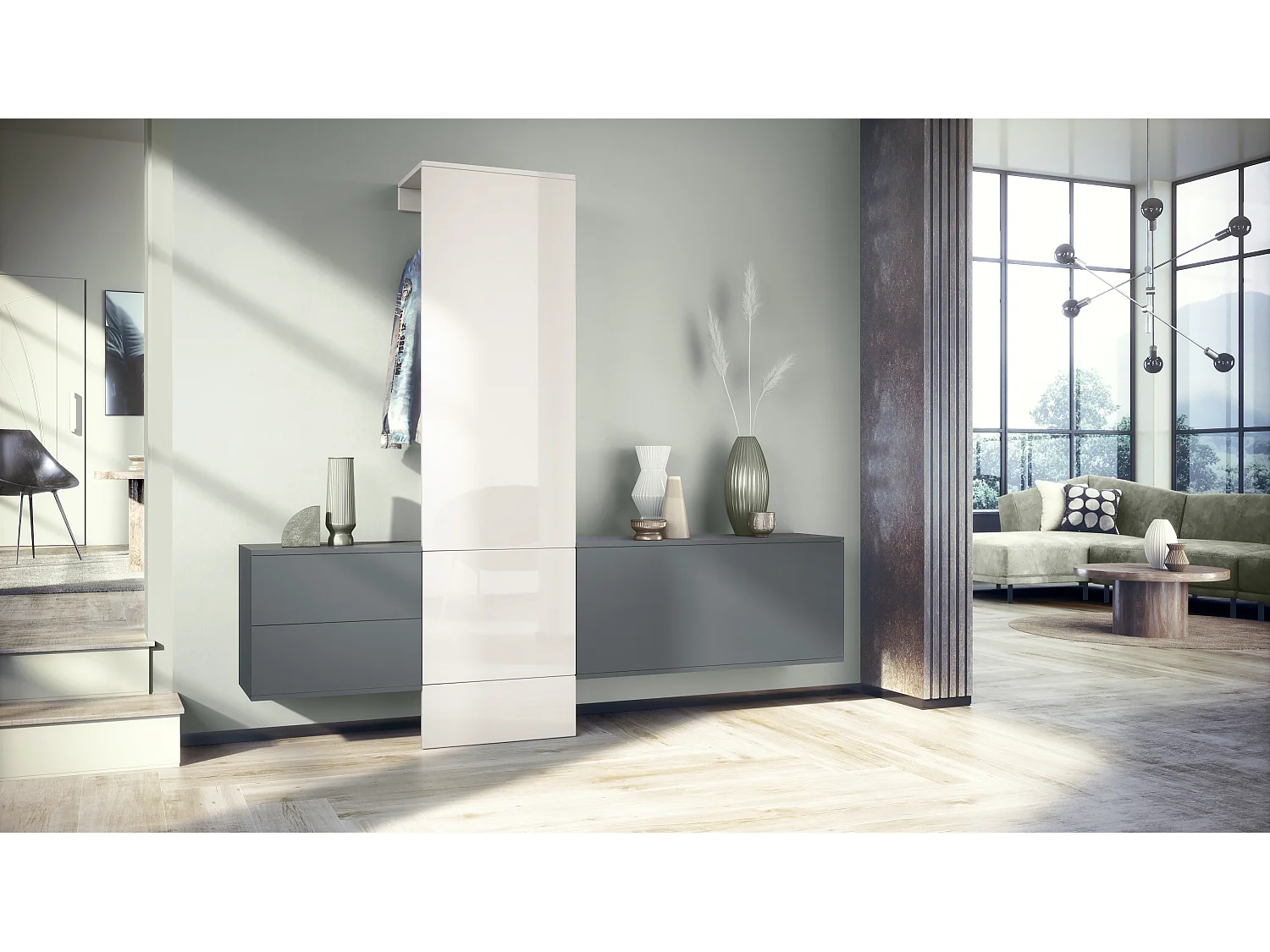 Ensemble de garde-robe  DualVista, composé de 1 panneau de porte-manteau, 1 armoire à tiroirs, 1 module de rangement et 2 miroirs, anthracite mat/Blanc brillant