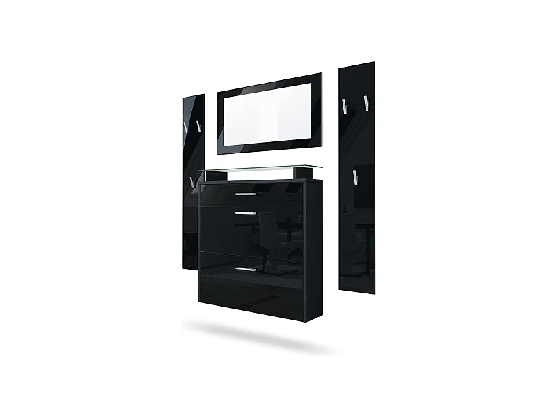 Penderie Malea, Meuble d’entrée comprenant 1 commode à chaussures murale, 1 miroir mural et 2 panneaux porte-manteaux, Noir mat/Noir haute brillance