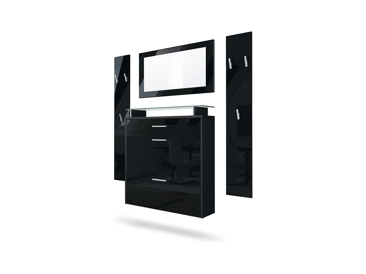 Penderie Malea, Meuble d’entrée comprenant 1 commode à chaussures murale, 1 miroir mural et 2 panneaux porte-manteaux, Noir mat/Noir haute brillance