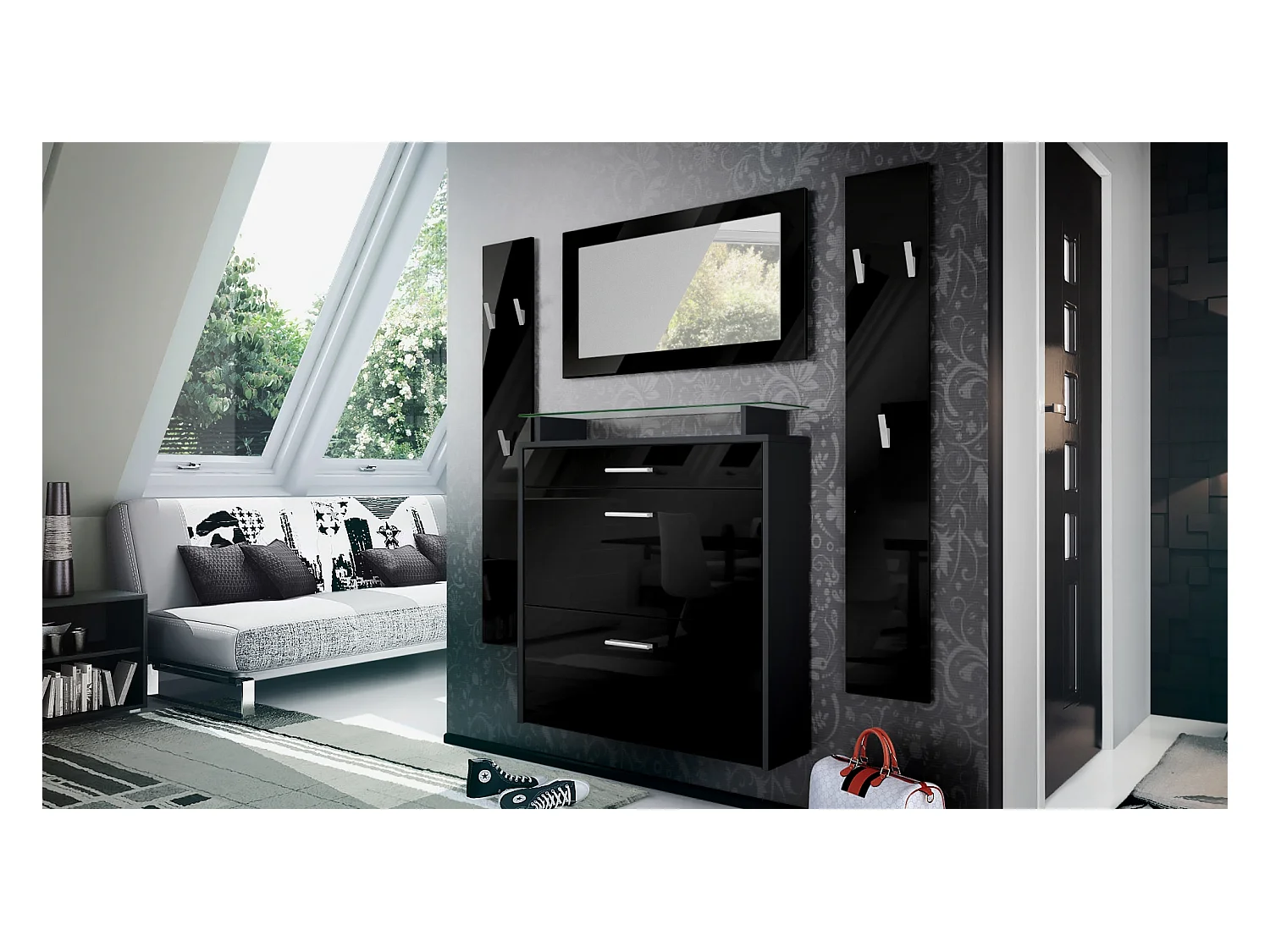 Penderie Malea, Meuble d’entrée comprenant 1 commode à chaussures murale, 1 miroir mural et 2 panneaux porte-manteaux, Noir mat/Noir haute brillance