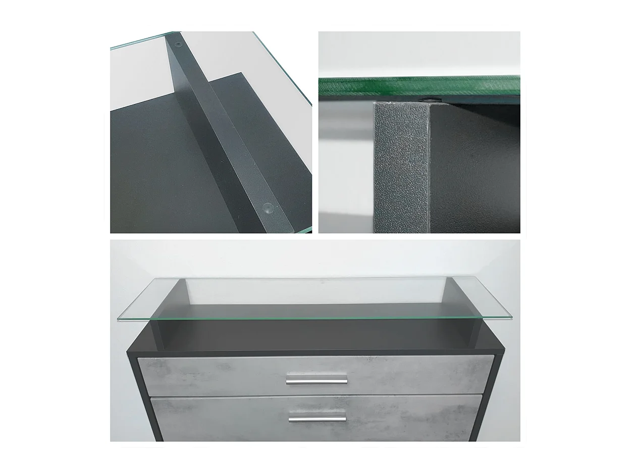 Penderie Malea, Meuble d’entrée comprenant 1 commode à chaussures murale, 1 miroir mural et 2 panneaux porte-manteaux, Noir mat/Noir haute brillance