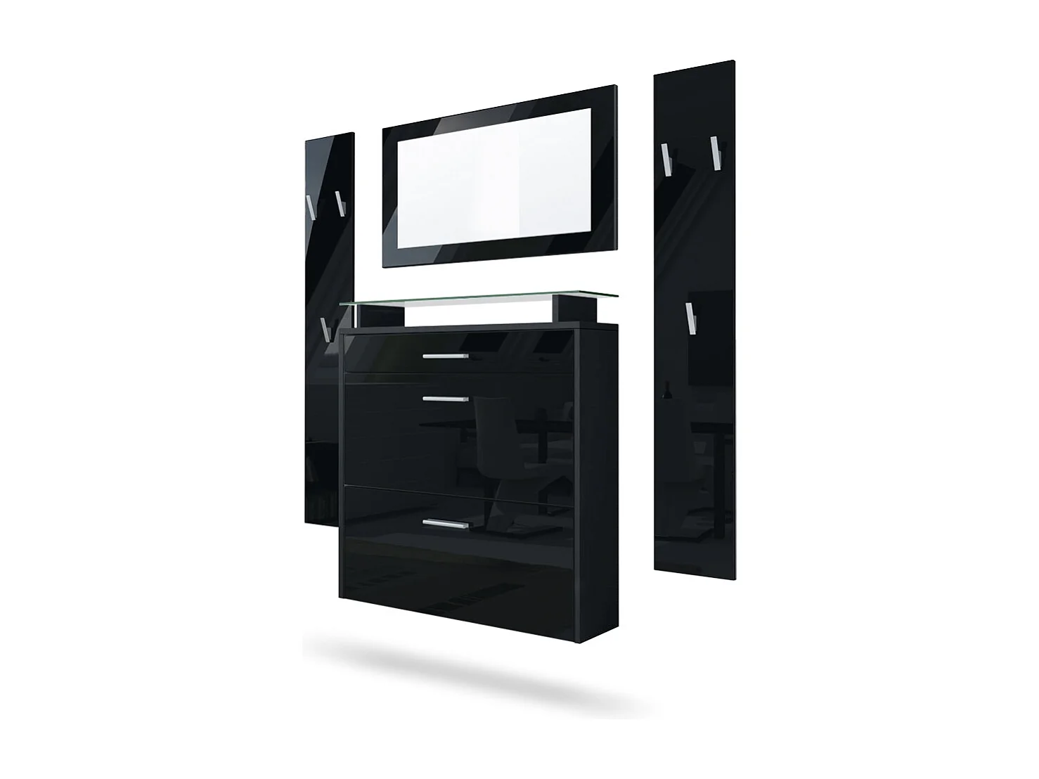 Penderie Malea, Meuble d’entrée comprenant 1 commode à chaussures murale, 1 miroir mural et 2 panneaux porte-manteaux, Noir mat/Noir haute brillance