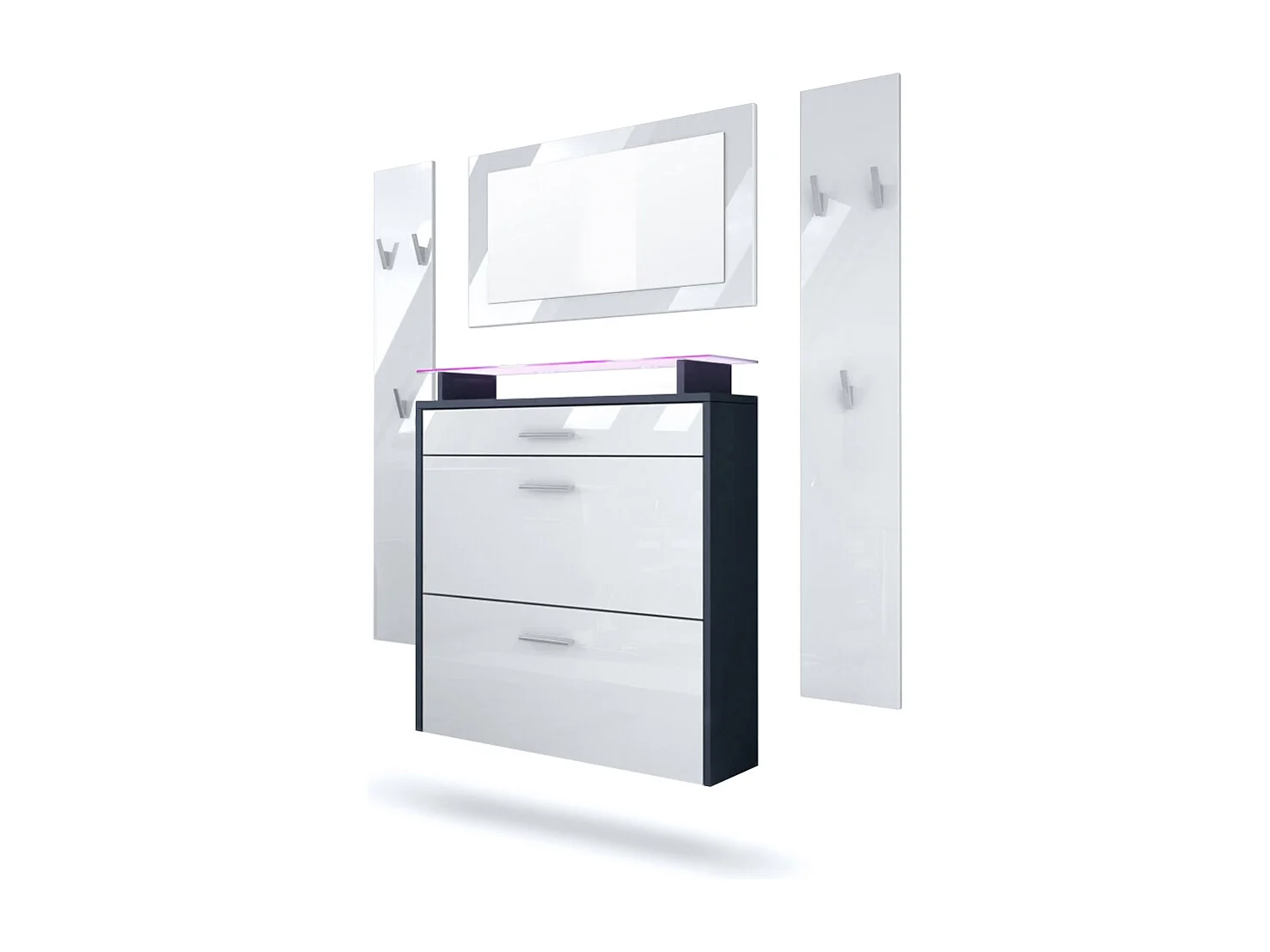 Penderie Malea, Meuble d’entrée comprenant 1 commode à chaussures murale, 1 miroir et 2 panneaux porte-manteaux, Anthracite mat/Blanc brillant, LED RVB inclus