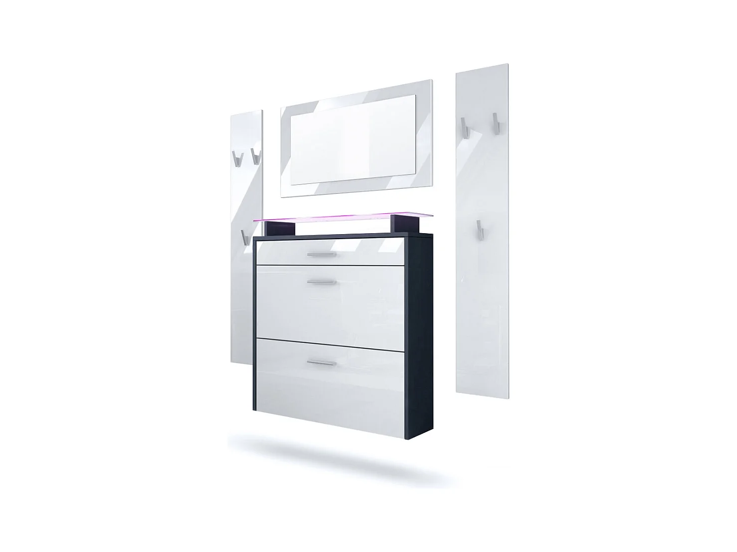 Penderie Malea, Meuble d’entrée comprenant 1 commode à chaussures murale, 1 miroir et 2 panneaux porte-manteaux, Anthracite mat/Blanc brillant, LED RVB inclus