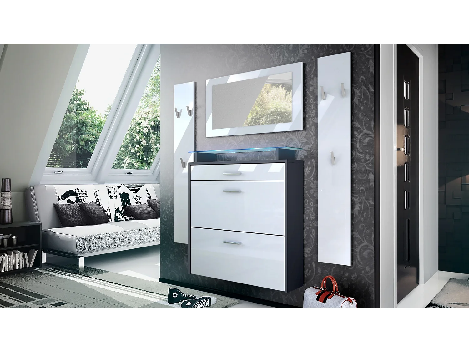 Penderie Malea, Meuble d’entrée comprenant 1 commode à chaussures murale, 1 miroir et 2 panneaux porte-manteaux, Anthracite mat/Blanc brillant, LED RVB inclus