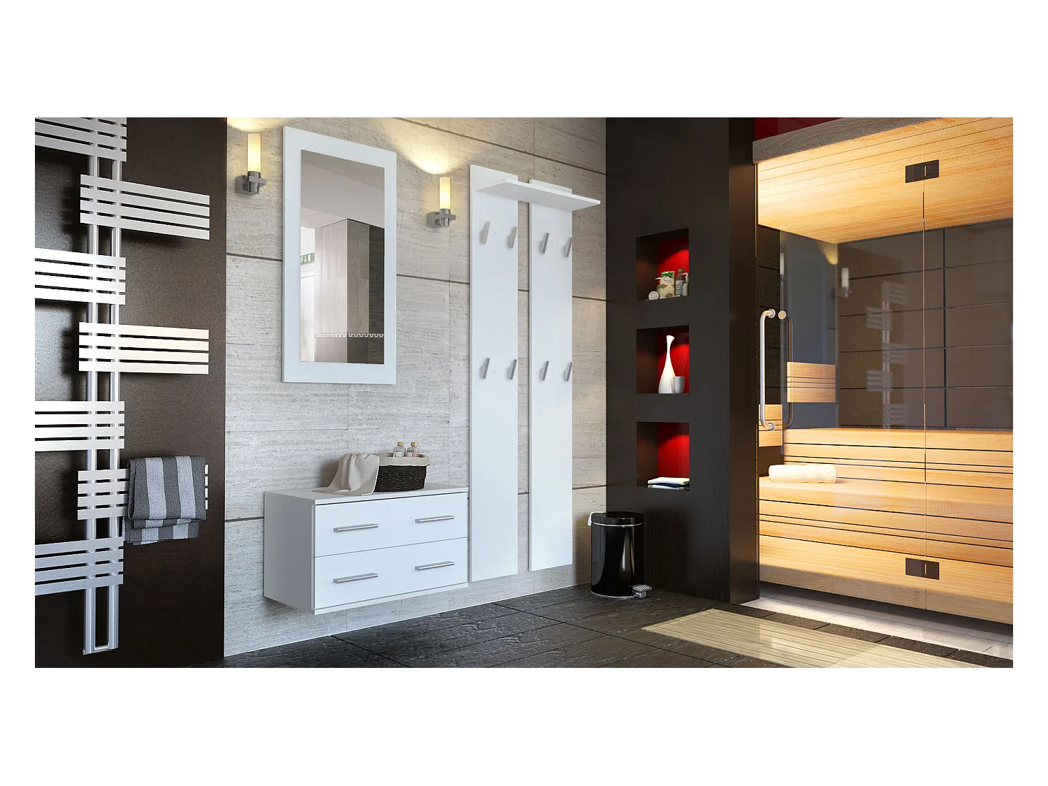 Ensemble de meubles d'entrée Kioto, Corps en Blanc mat / Façades en Blanc mat