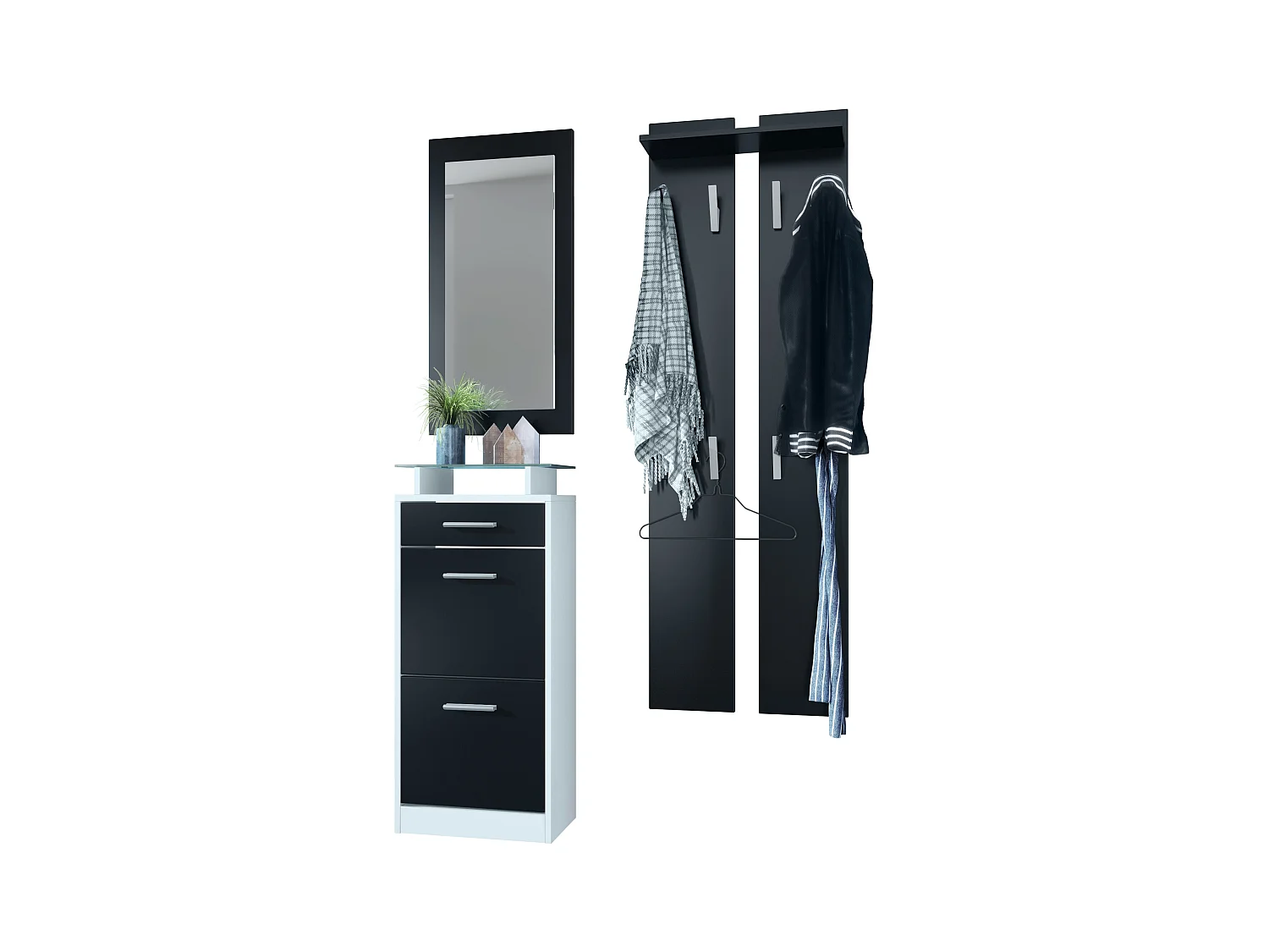 Ensemble de meubles d'entrée Loret V2 Mini, Corps en Blanc mat / Façades en Noir mat